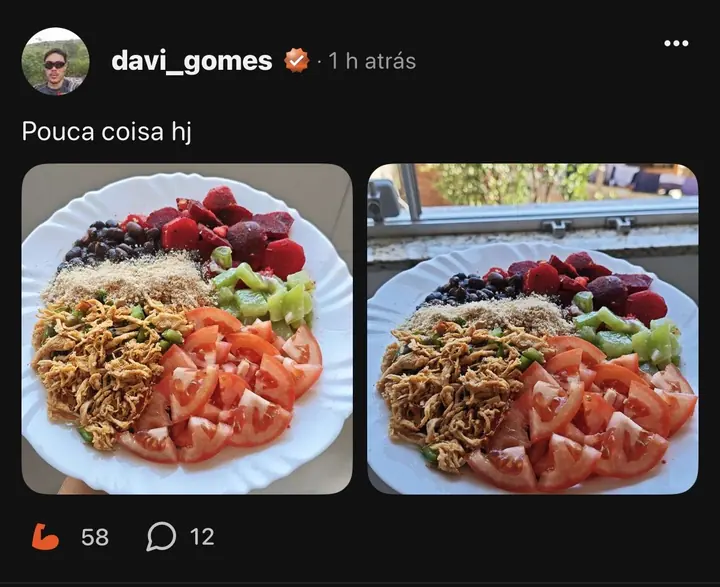 Refeição compartilhada por um integrante da comunidade FitFolio.