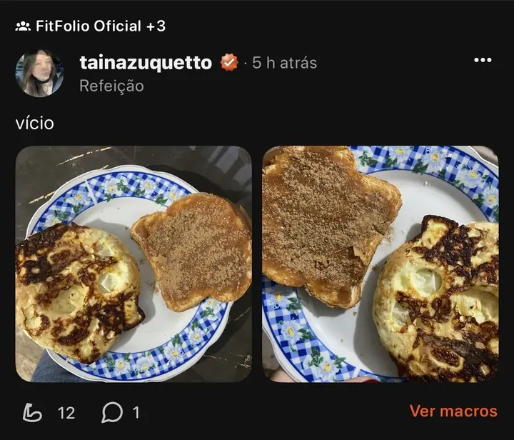 Registro de refeição publicado na comunidade FitFolio.