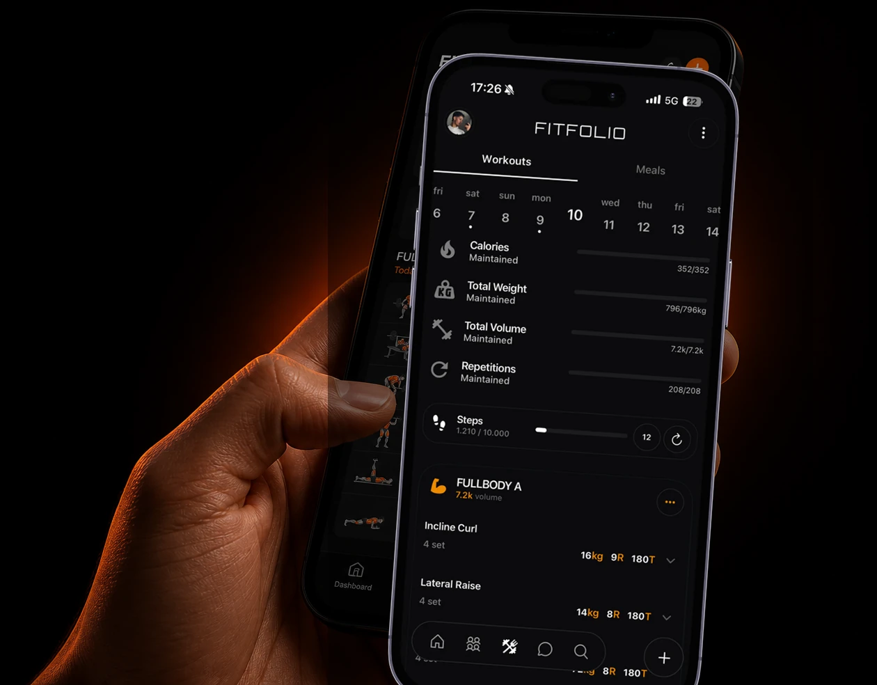 Tela de treino do FitFolio sendo usada no celular.